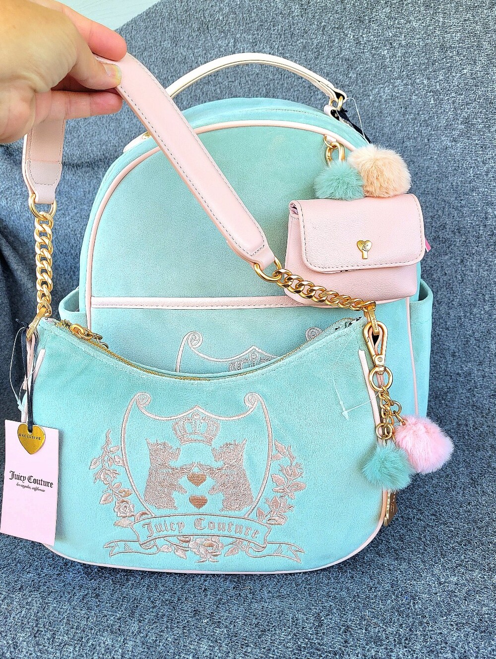 Juicy Couture New Love Chapter Backpack & Matching Shoulder Bag in Frosty Green